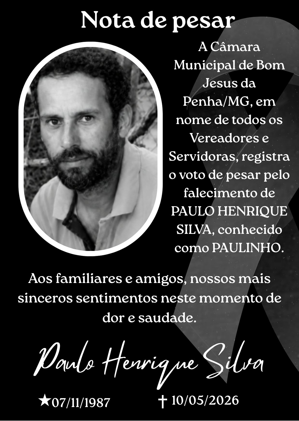 Nota de pesar pelo falecimento do munícipe Paulo Henrique Silva.