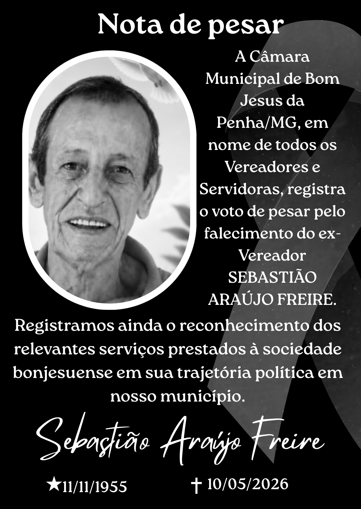 Nota de Pesar pelo falecimento do ex-Vereador Sebastião Araújo Freire.