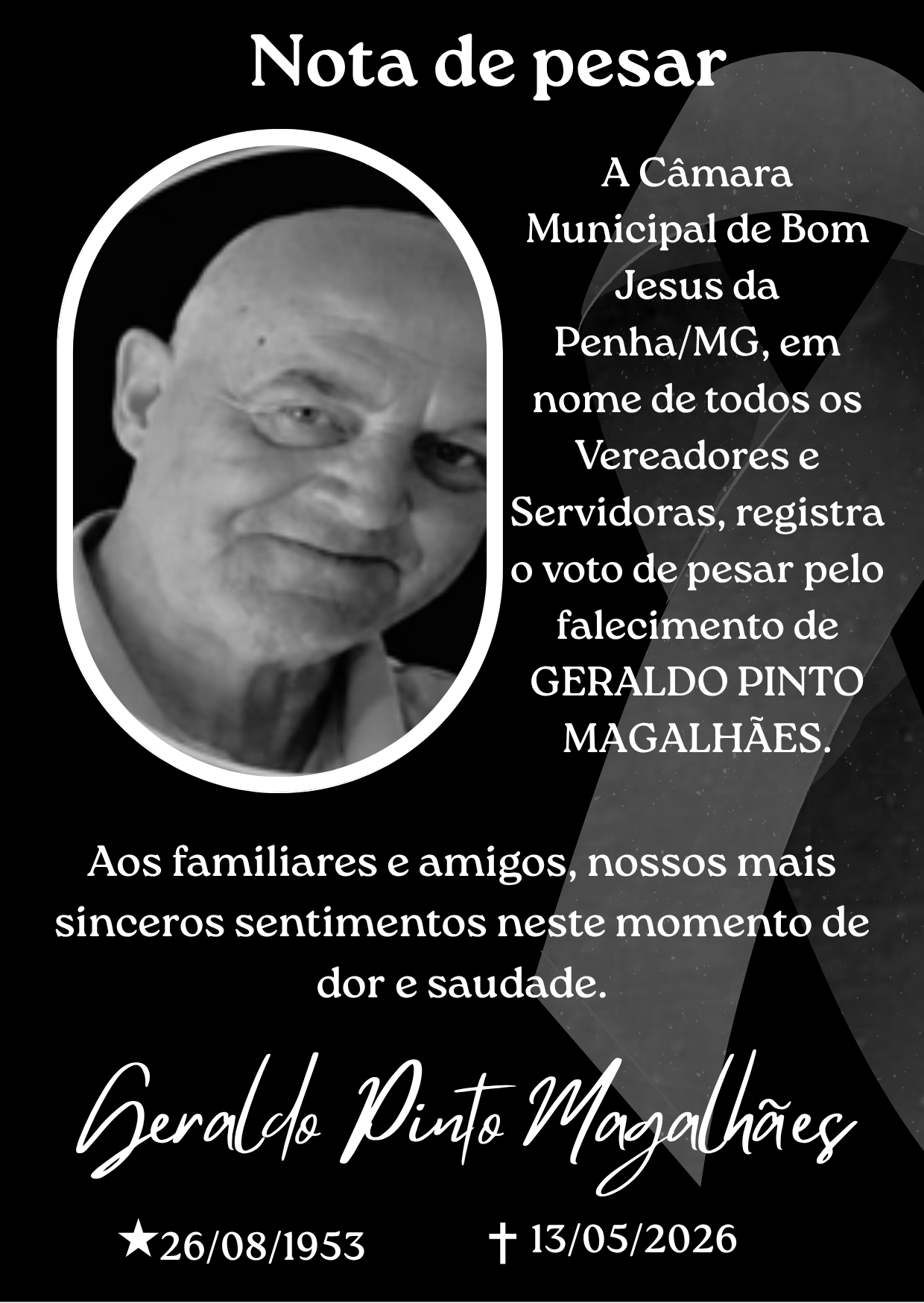 Nota de pesar pelo falecimento do munícipe Geraldo Pinto Magalhães
